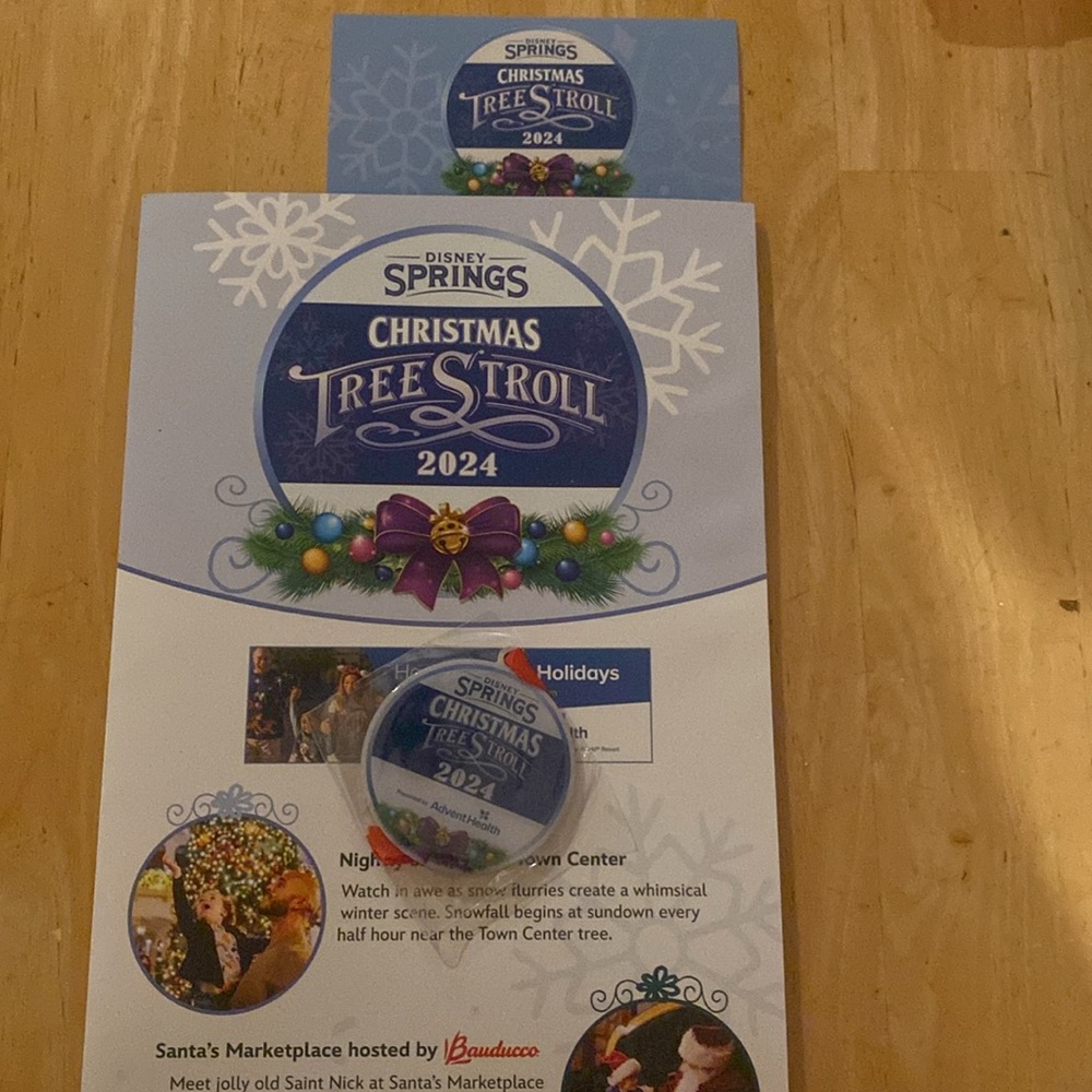 Disney Christmas tree stroll at Disney Springs ornament & completed map 2024.